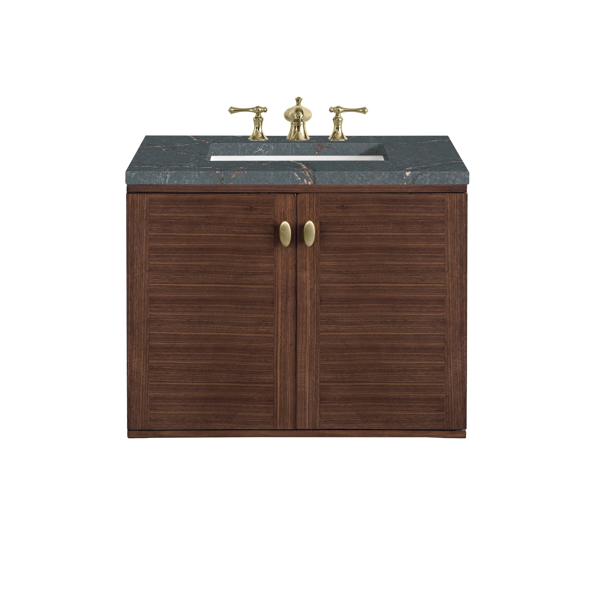 Renovate for Less Atlanta Amberly 30" Single Vanity, Mid-Century Walnut w/ 3 CM Parisien Bleu Top