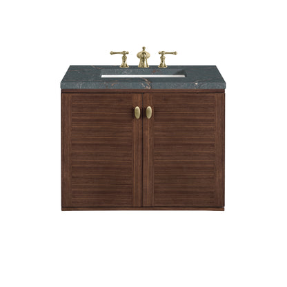 Renovate for Less Atlanta Amberly 30" Single Vanity, Mid-Century Walnut w/ 3 CM Parisien Bleu Top