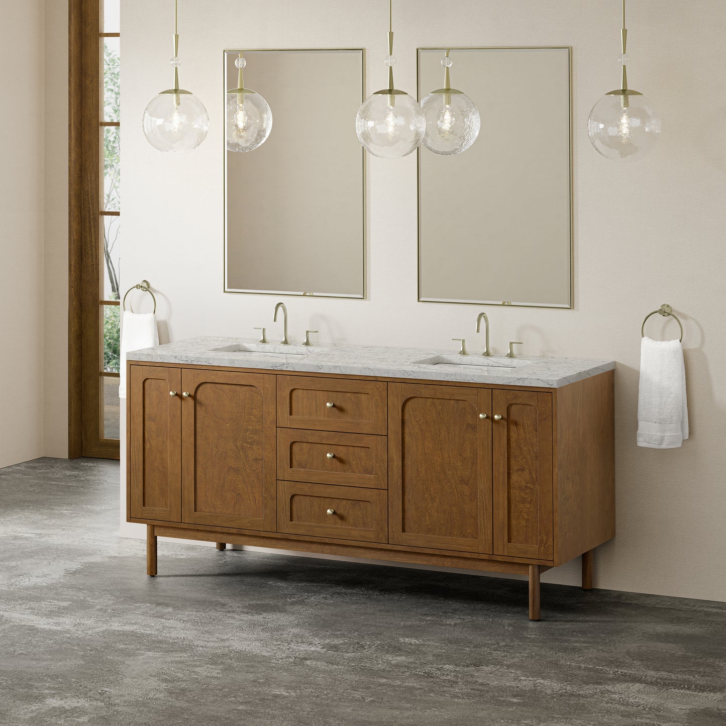 Renovate for Less Atlanta Laurent 72" Double Vanity, Honey Oak w/ 3 CM Eternal Jasmine Pearl Silestone Top