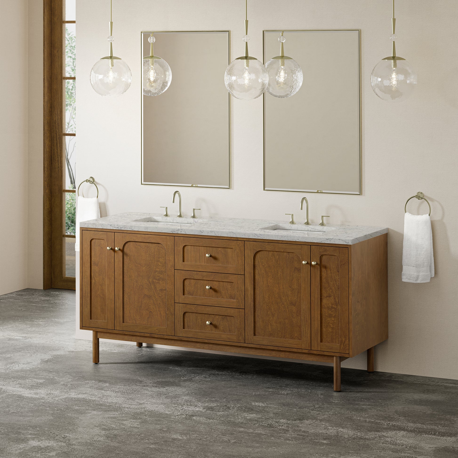Renovate for Less Atlanta Laurent 72" Double Vanity, Honey Oak w/ 3 CM Eternal Jasmine Pearl Silestone Top