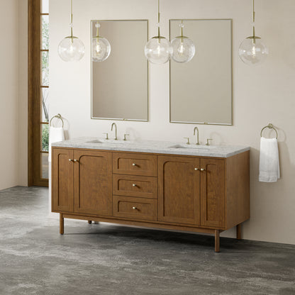Renovate for Less Atlanta Laurent 72" Double Vanity, Honey Oak w/ 3 CM Eternal Jasmine Pearl Silestone Top