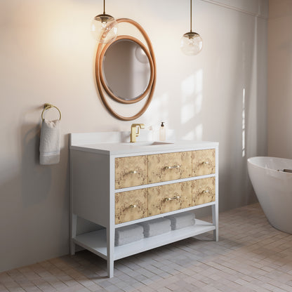 Renovate for Less Atlanta Olena 48" Single Vanity, Light Mappa Burl and Polished White w/ Single Hole 3 CM White Zeus Silestone Top & Backsplash