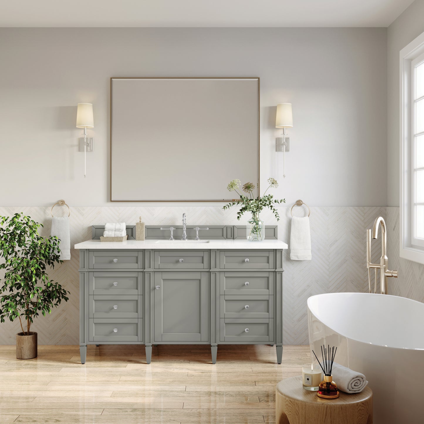 Renovate for Less Atlanta Brittany 60" Single Vanity, Urban Gray w/ 3 CM White Zeus Silestone Top