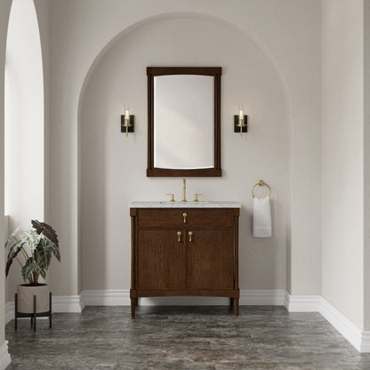 Renovate for Less Atlanta Kinnsden 36" Single Vanity, Sable Oak w/ 3 CM Eternal Jasmine Pearl Silestone Top