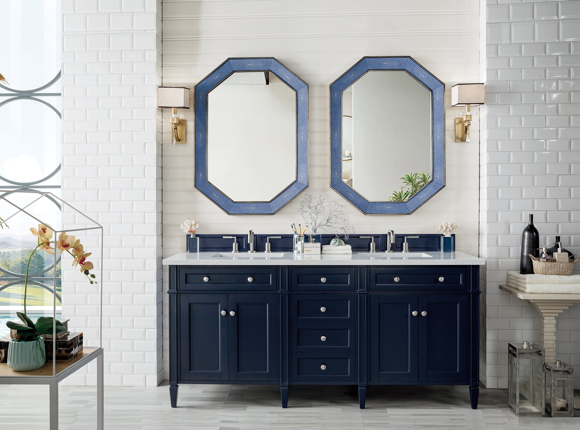Renovate for Less Atlanta Brittany 72" Double Vanity, Victory Blue w/ 3 CM Eternal Jasmine Pearl Silestone Top w/FreePower Wireless Charger