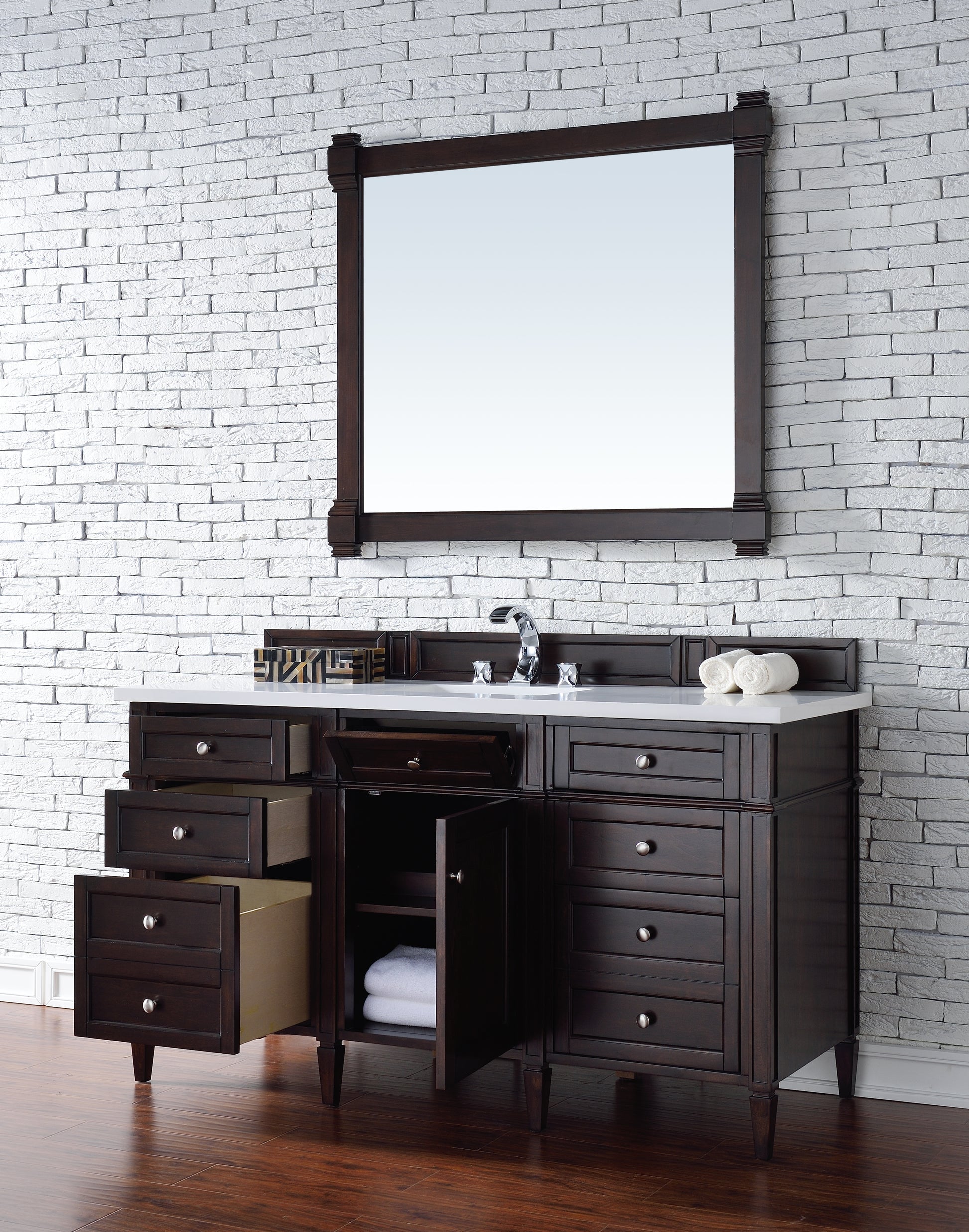 Renovate for Less Atlanta Brittany 60" Single Vanity, Burnished Mahogany w/ 3 CM White Zeus Silestone Top