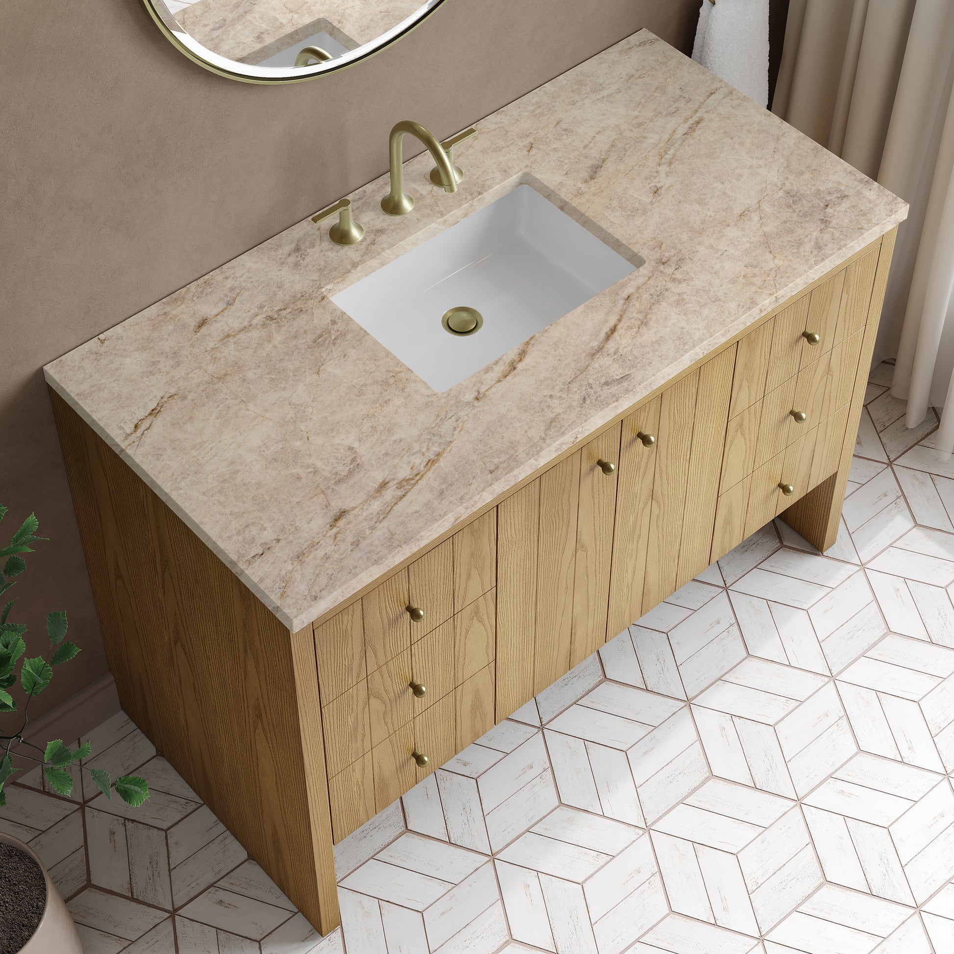 Renovate for Less Atlanta Hudson 48" Single Vanity, Light Natural Oak, w/ 3 CM Tajnar Eclos Top