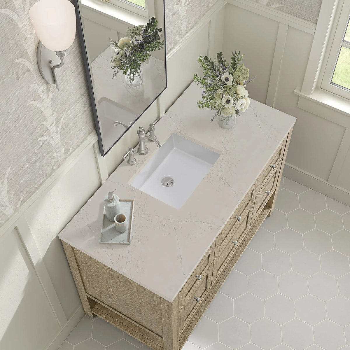 Breckenridge 48" Single Vanity, Whitewashed Oak, w/ 3 CM Siberian Silestone Top
