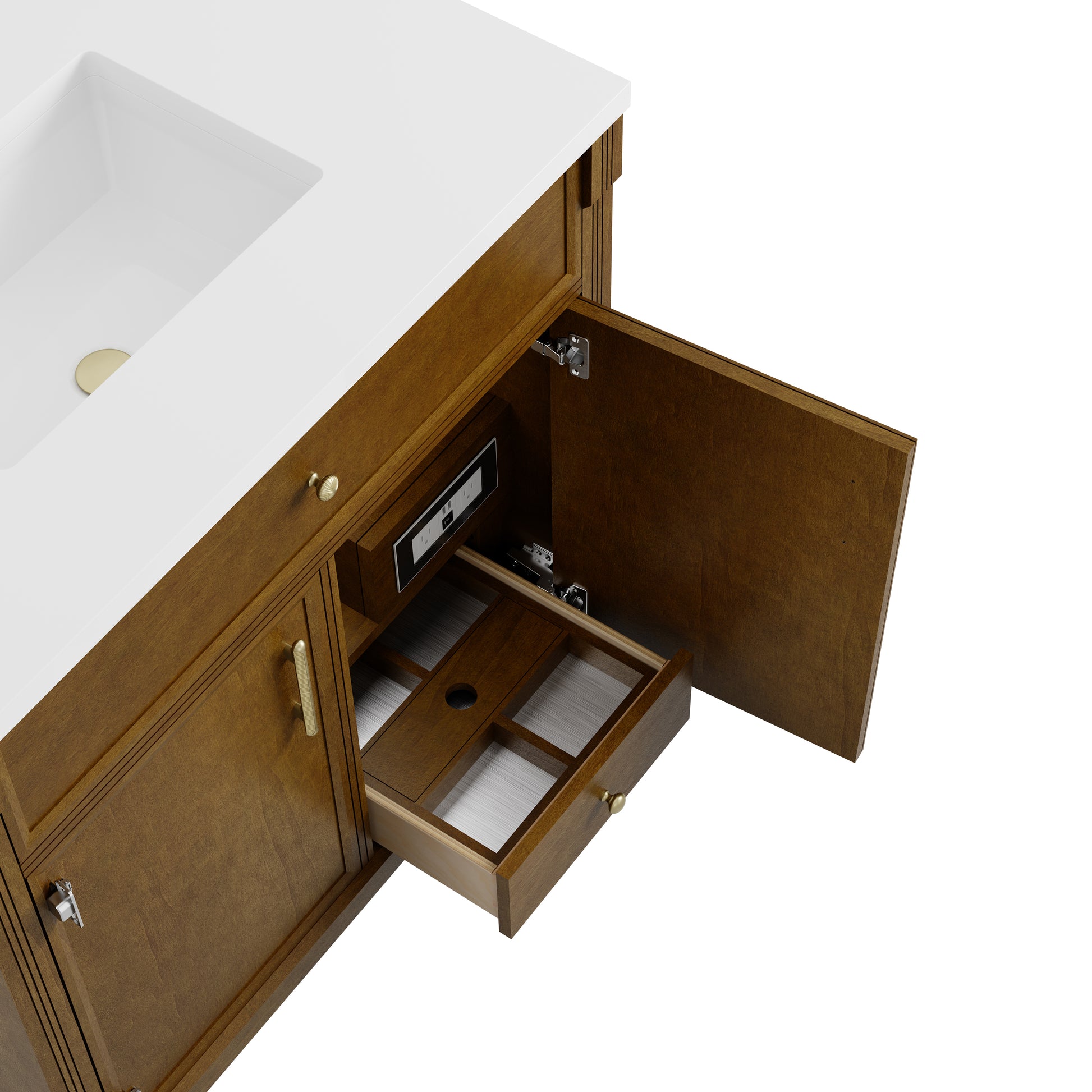 Renovate for Less Atlanta Bellshire 96" Dual Vanity Set with 24" Make-Up Counter, Honey Oak w/3 cm Siberian Silestone Top
