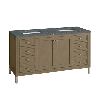 Chicago 60" Double Vanity, Walnut Whisper, w/ 3 CM Parisien Bleu Silestone® Top