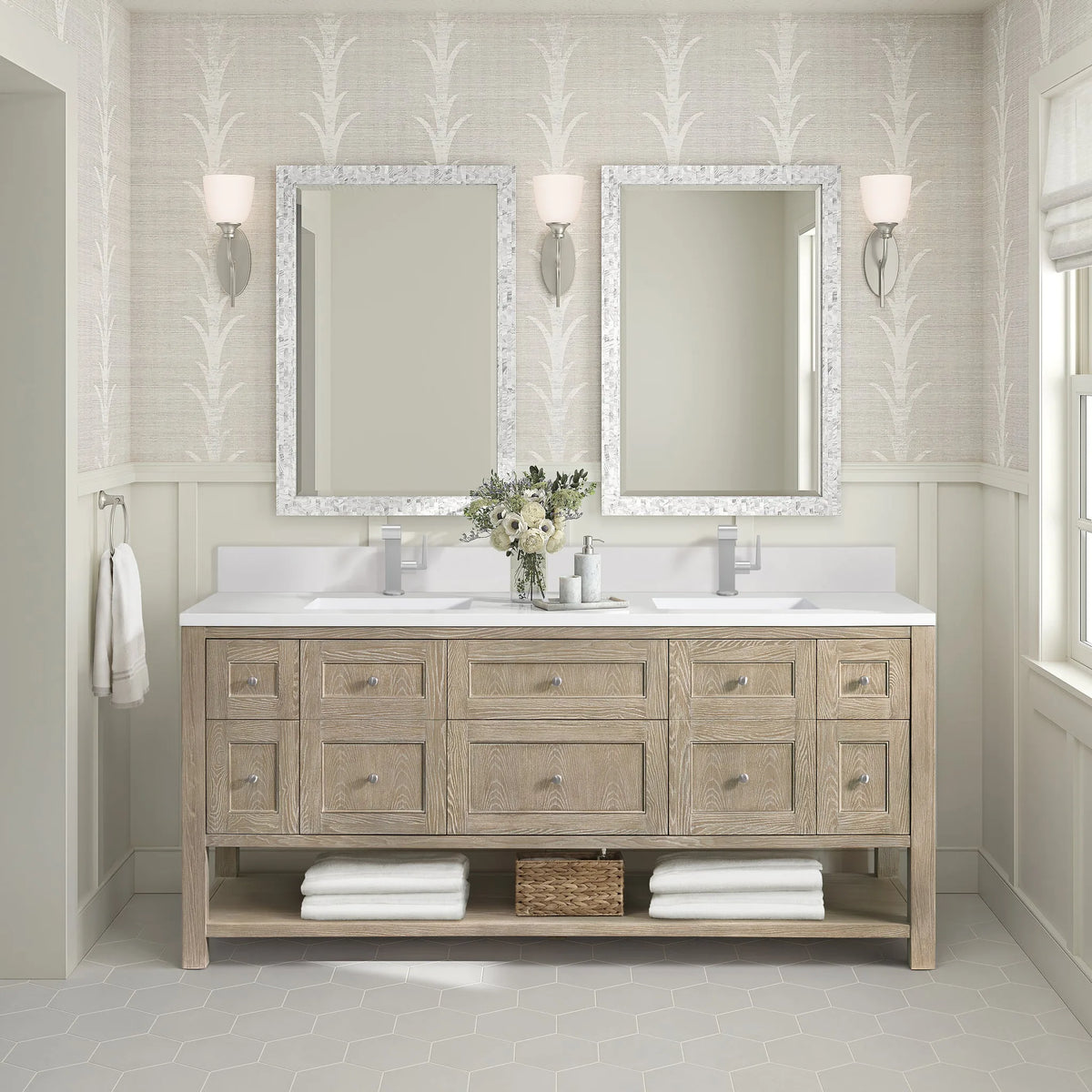 Breckenridge 72" Double Vanity, Whitewashed Oak w/ Single Hole 3 CM White Zeus Silestone Top & Backsplash