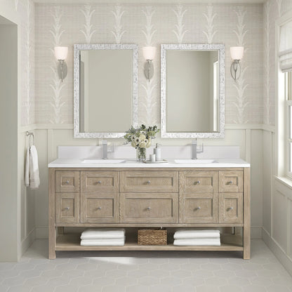 Breckenridge 72" Double Vanity, Whitewashed Oak w/ Single Hole 3 CM White Zeus Silestone Top & Backsplash