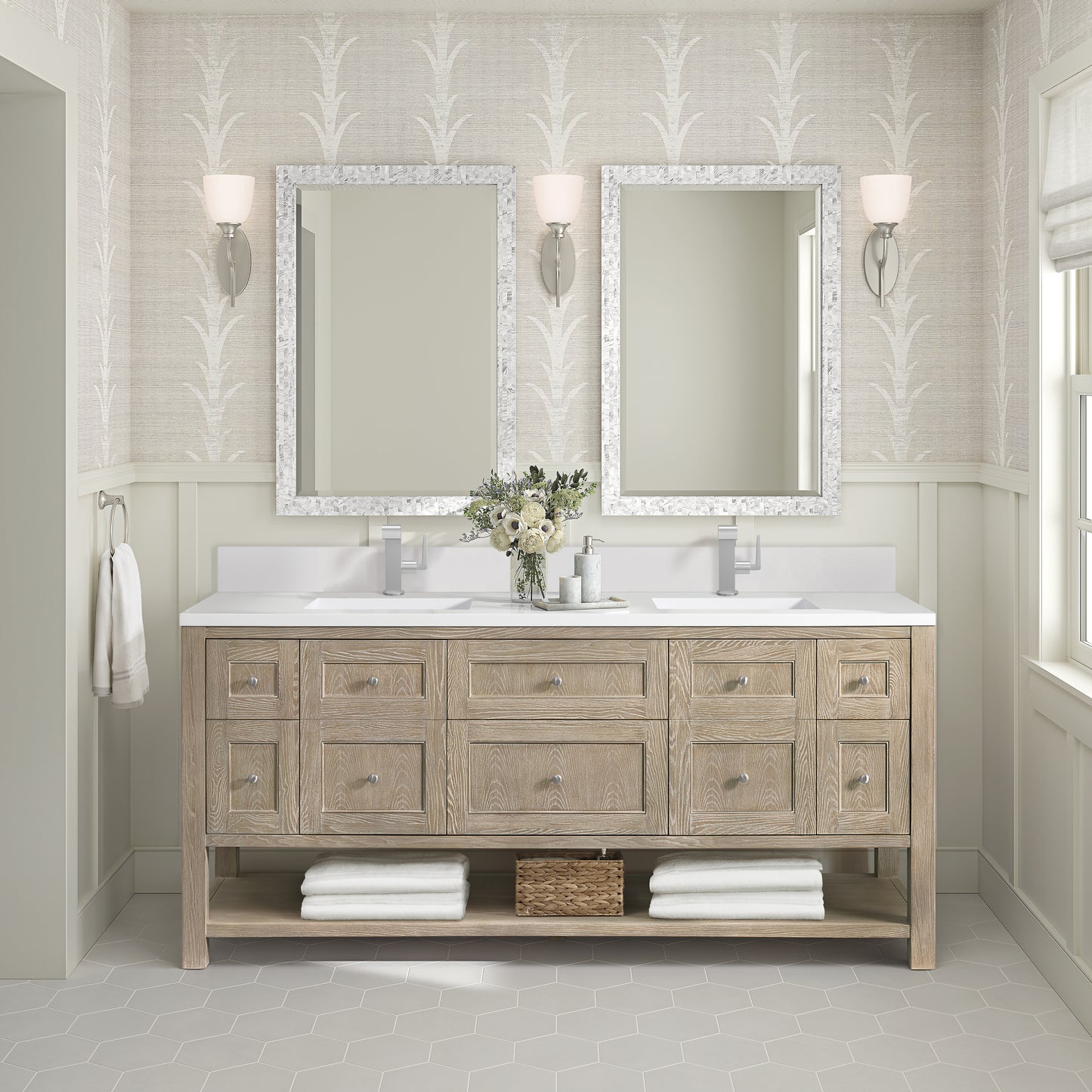 Renovate for Less Atlanta Breckenridge 72" Double Vanity, Whitewashed Oak w/ Single Hole 3 CM White Zeus Silestone Top & Backsplash