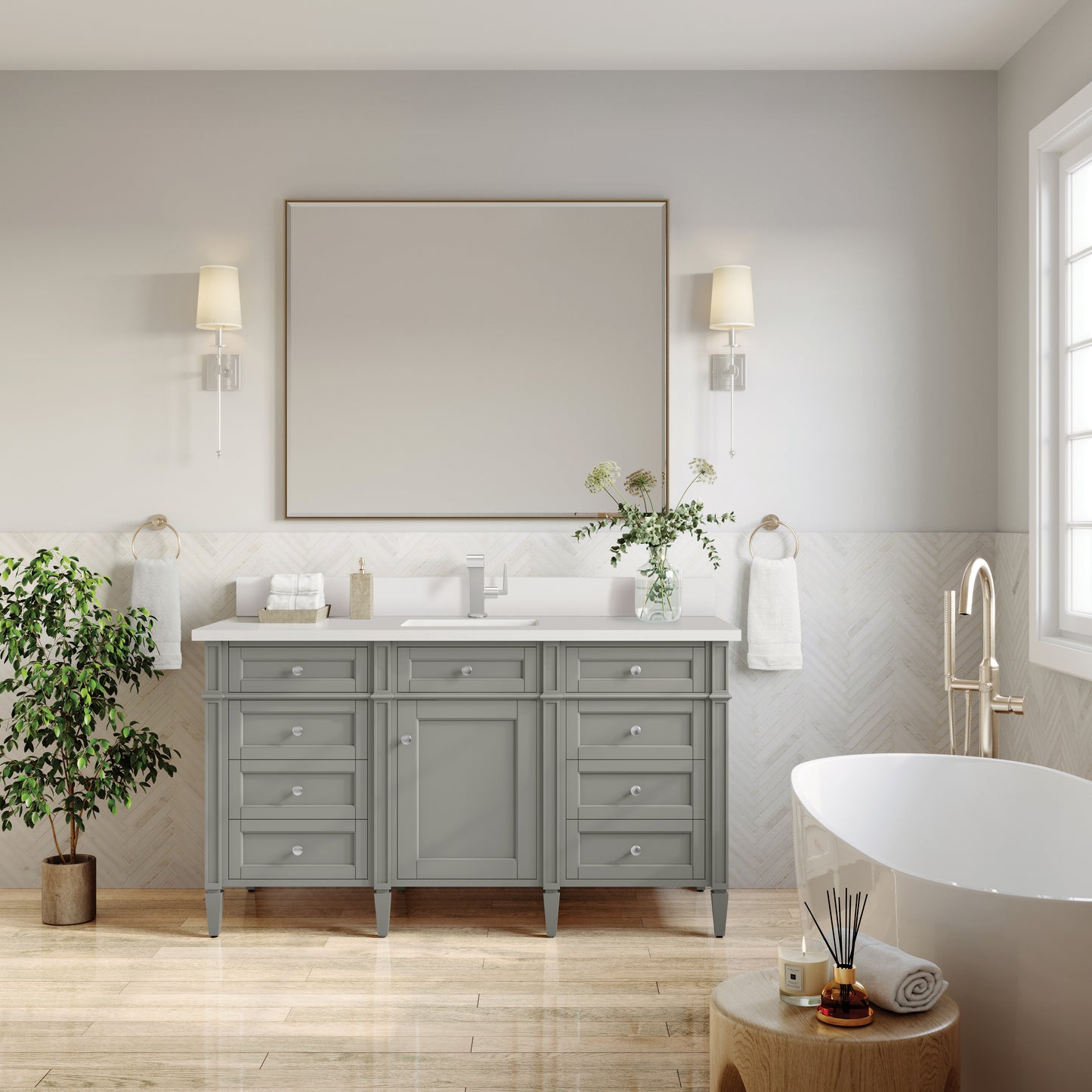 Renovate for Less Atlanta Brittany 60" Single Vanity, Urban Gray w/ Single Hole 3 CM White Zeus Silestone Top & Backsplash