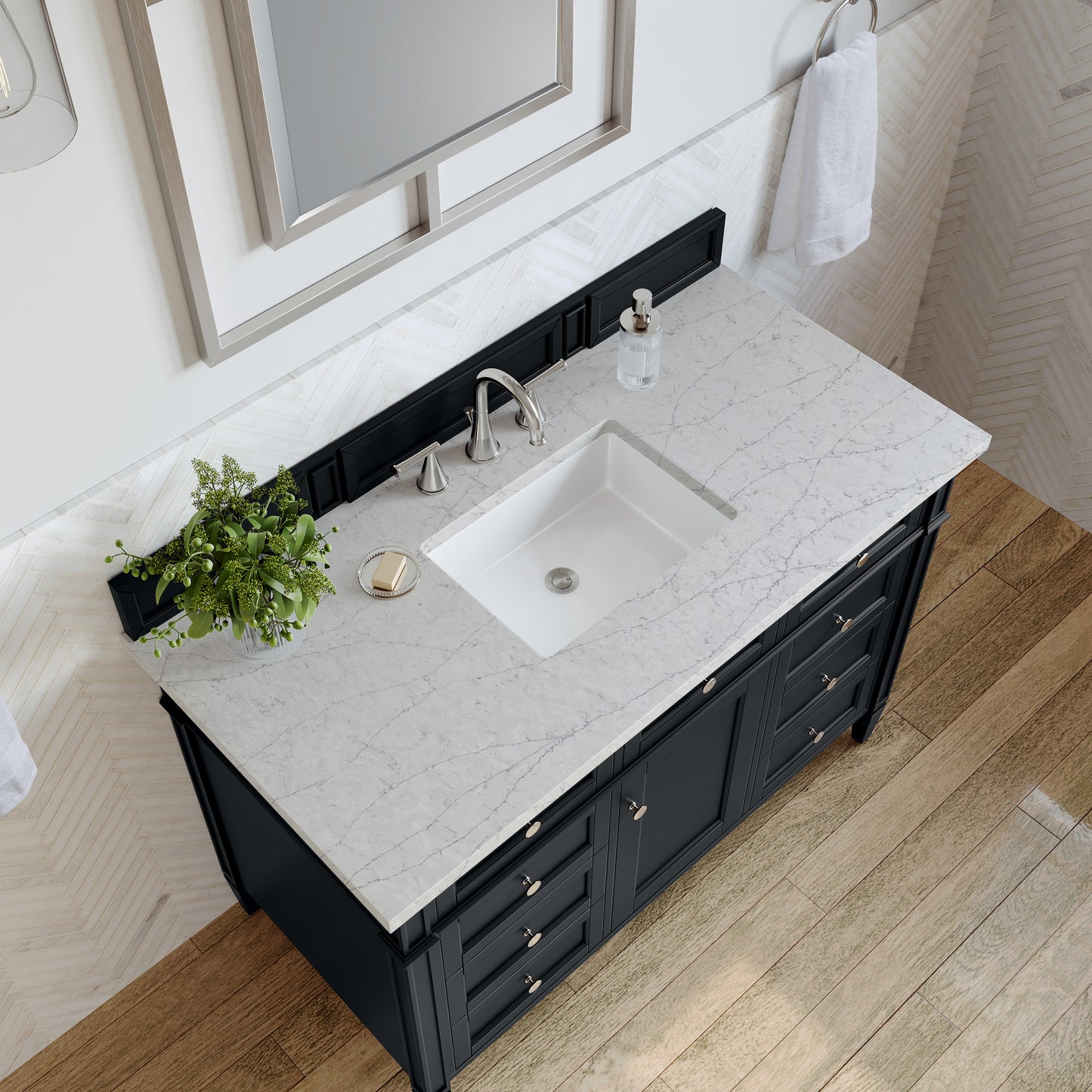 Renovate for Less Atlanta Brittany 48" Single Vanity, Black Onyx w/ 3 CM Eternal Jasmine Pearl Silestone Top