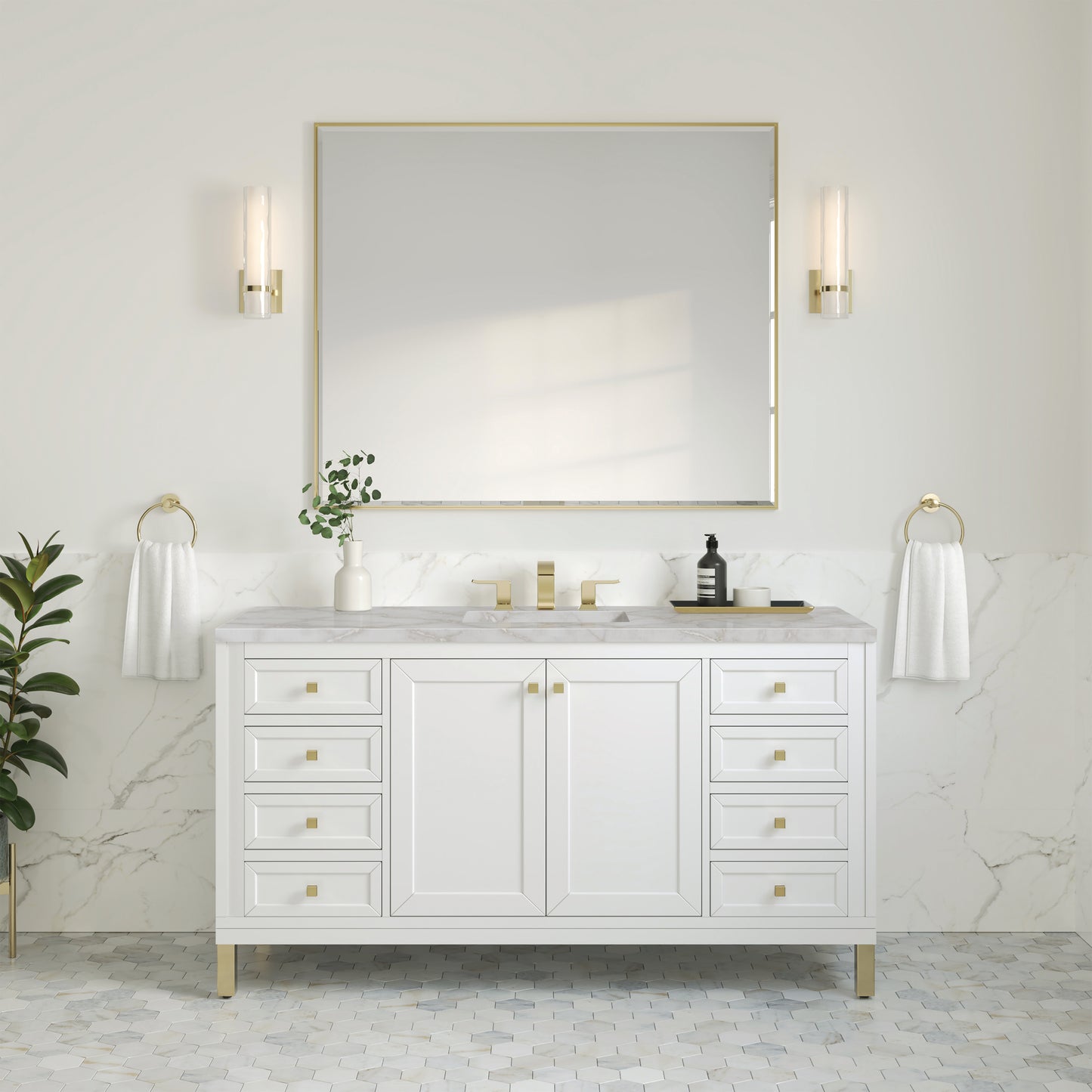Renovate for Less Atlanta Chicago 60" Single Vanity, Glossy White, w/ 3 CM Victorian Silver Silestone® Top