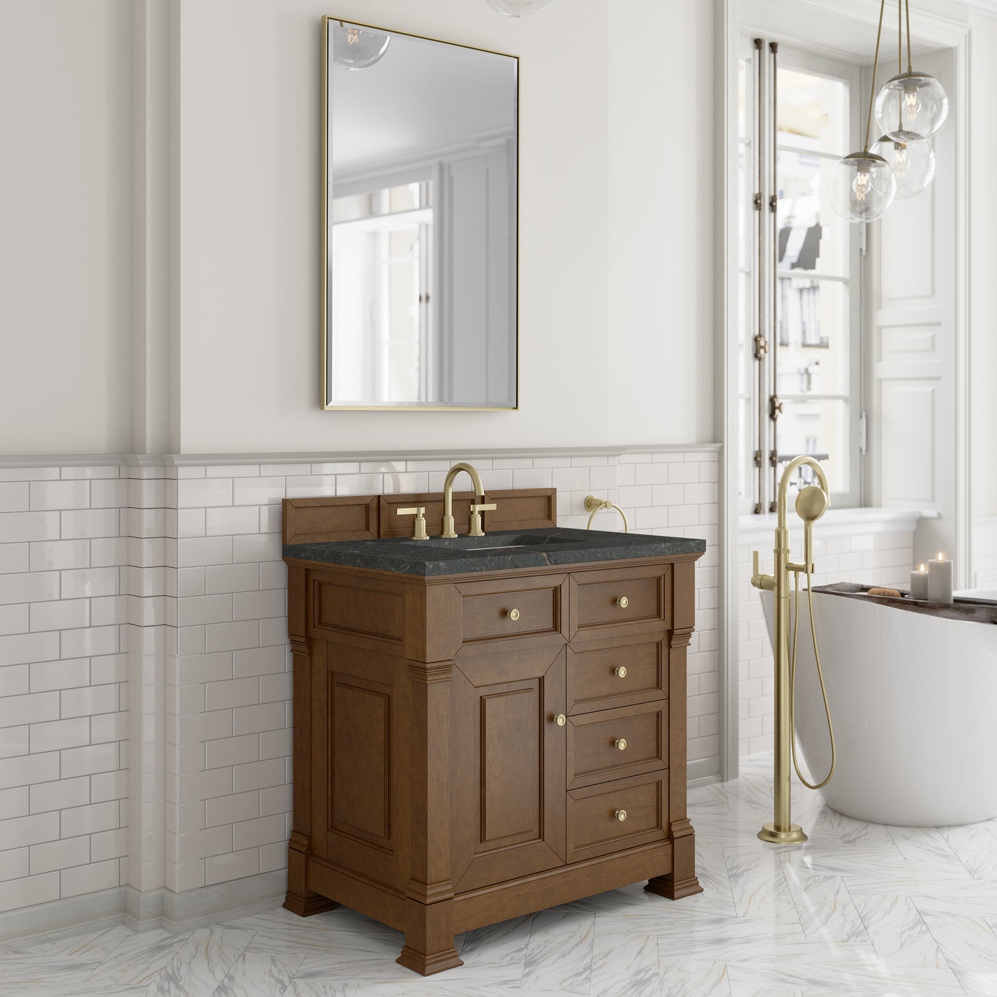 Renovate for Less Atlanta Brookfield 36" Single Vanity, Honey Oak w/ 3 CM Parisien Bleu Silestone Top