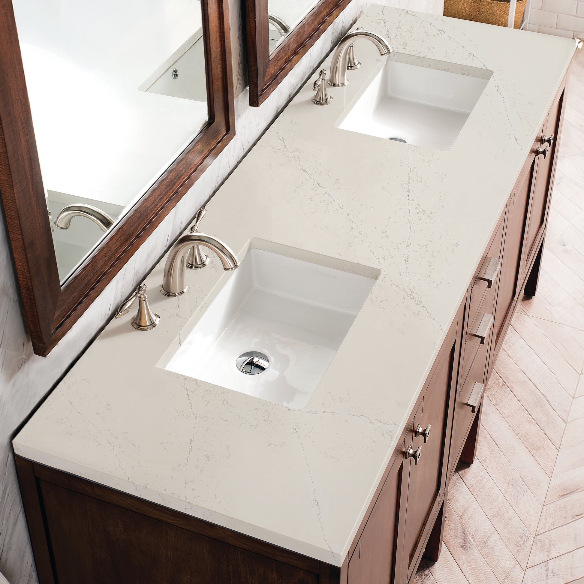 Renovate for Less Atlanta Addison 72" Double Vanity, Mid-Century Acacia, w/ 3 CM Siberian Silestone Top