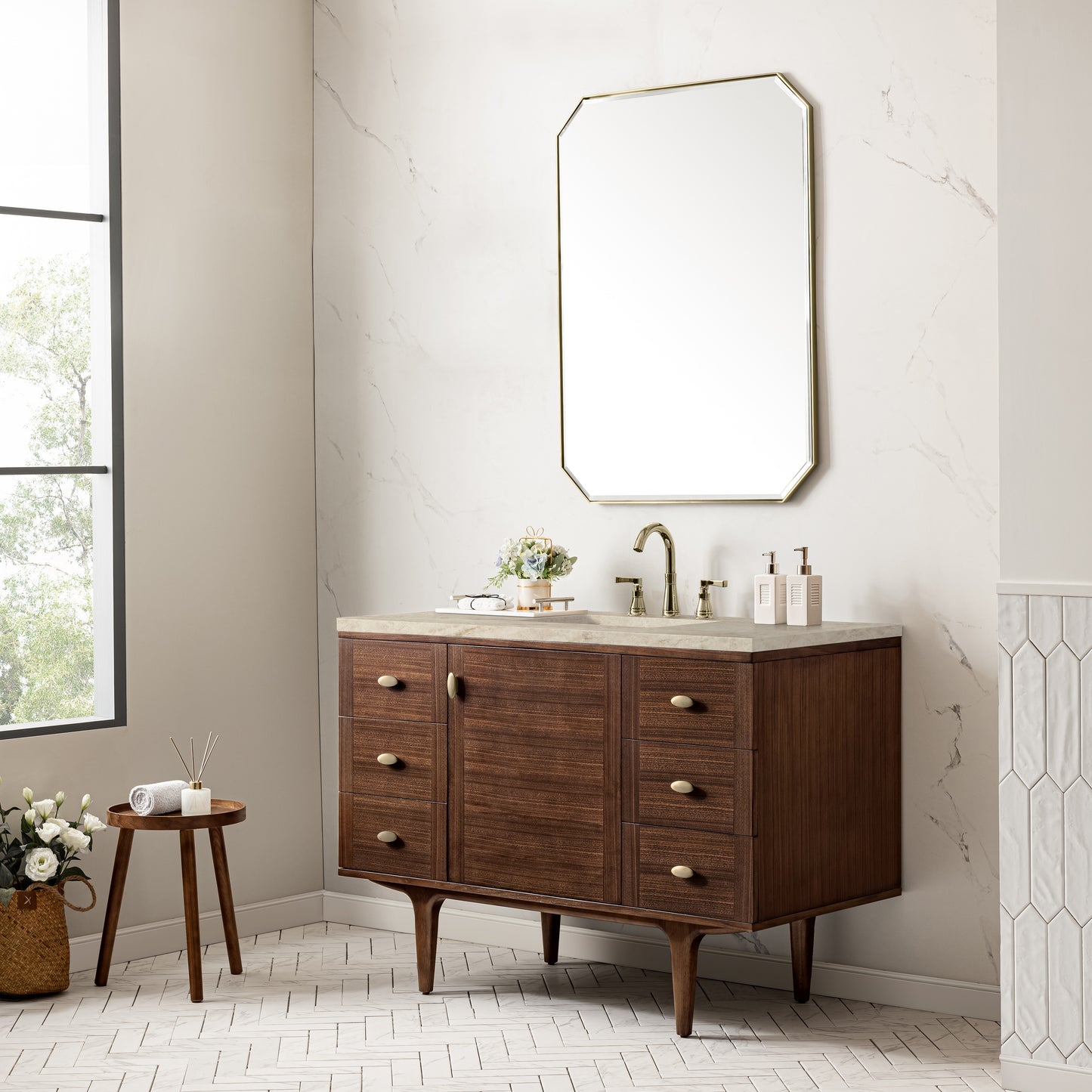 Renovate for Less Atlanta Amberly 48" Single Vanity, Mid-Century Walnut, w/ 3 CM Tajnar Eclos Top w/FreePower Wireless Charger
