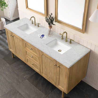 Renovate for Less Atlanta Laurent 72" Double Vanity, Light Natural Oak w/ 3 CM Eternal Jasmine Pearl Top w/FreePower Wireless Charger