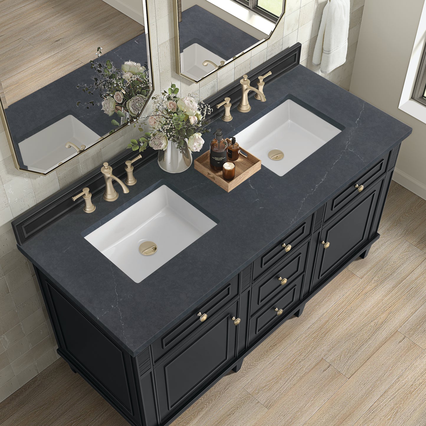 Renovate for Less Atlanta Lorelai 60" Double Vanity, Black Onyx w/ 3 CM Charcoal Soapstone Silestone Top