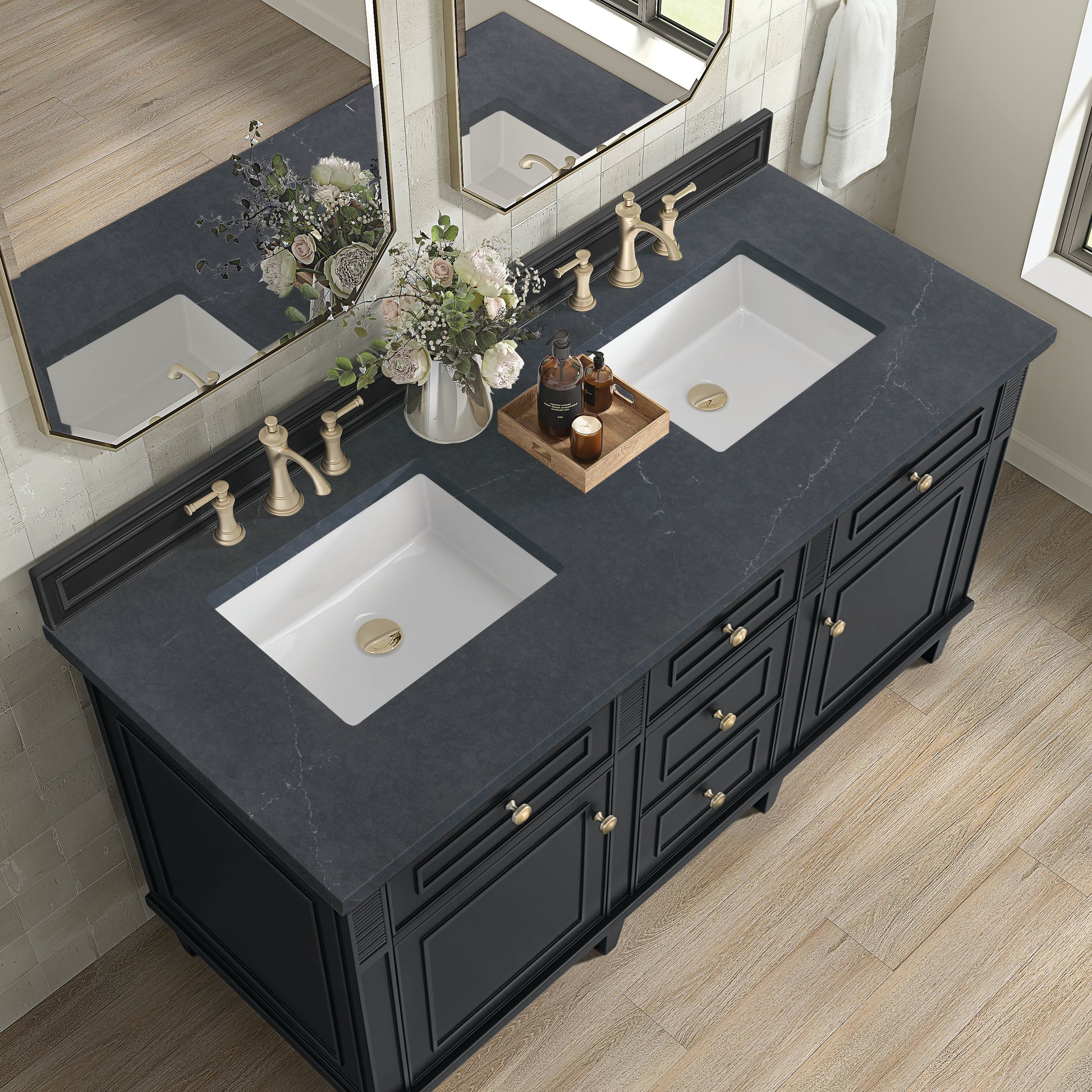 Renovate for Less Atlanta Lorelai 60" Double Vanity, Black Onyx w/ 3 CM Charcoal Soapstone Silestone Top