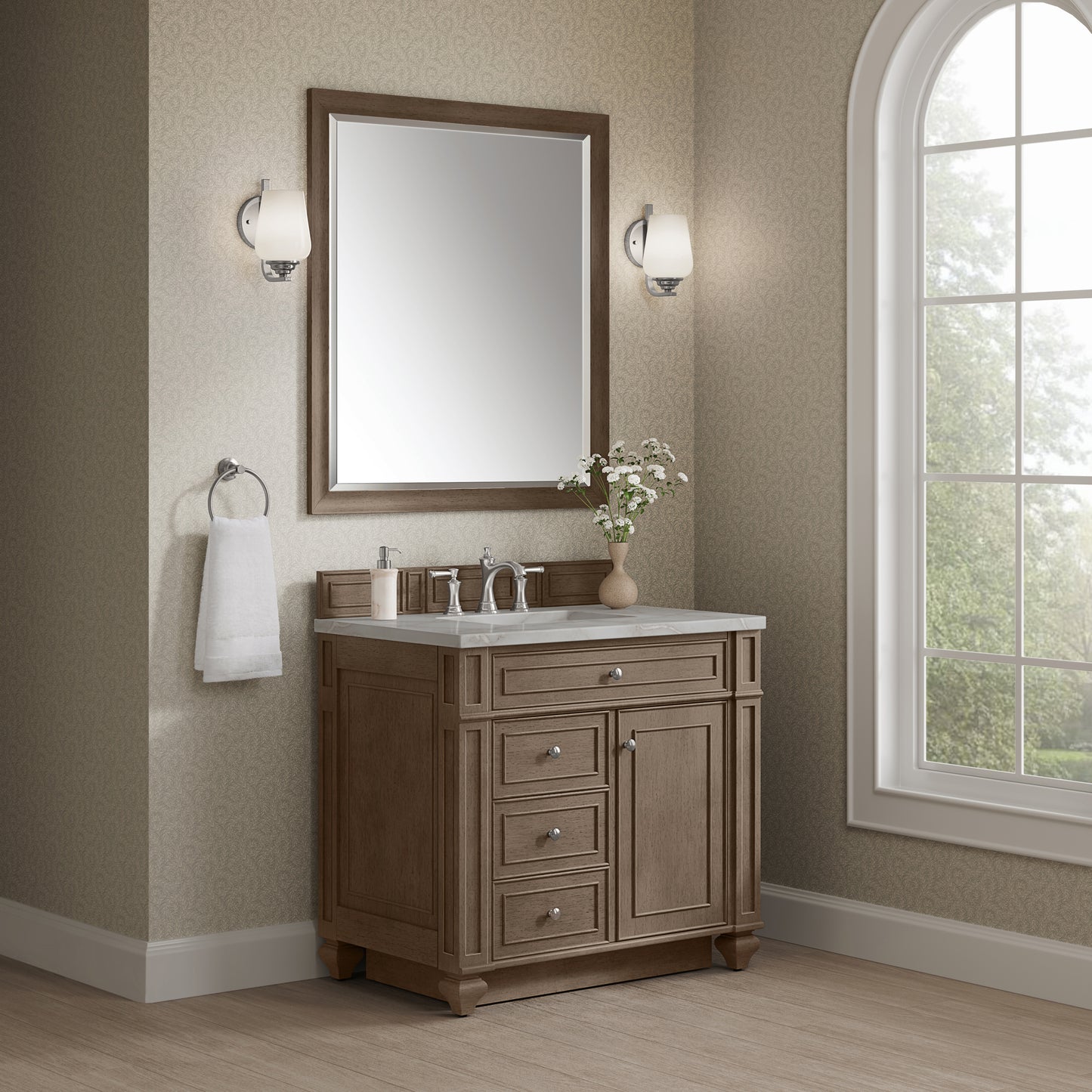 Renovate for Less Atlanta Bristol 36" Single Vanity, Whitewashed Walnut w/ 3 CM Victorian Silver Silestone Top