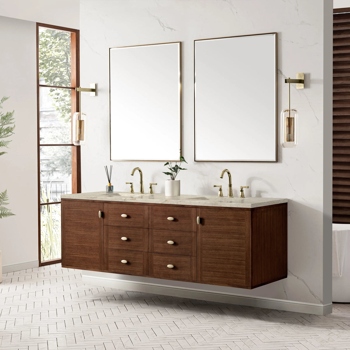 Amberly 72" Double Vanity, Mid-Century Walnut, w/ 3 CM Tajnar Eclos Top