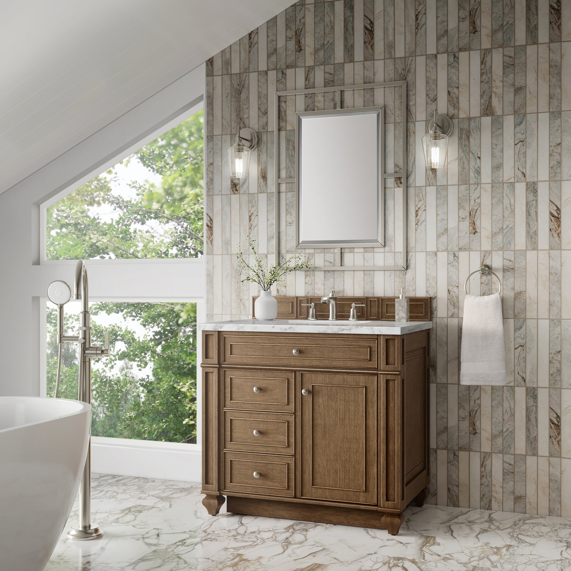 Renovate for Less Atlanta Bristol 36" Single Vanity, Saddle Brown w/ 3 CM Carrara Marble Top