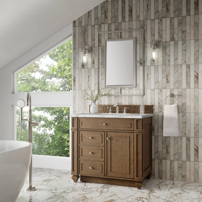 Renovate for Less Atlanta Bristol 36" Single Vanity, Saddle Brown w/ 3 CM Carrara Marble Top