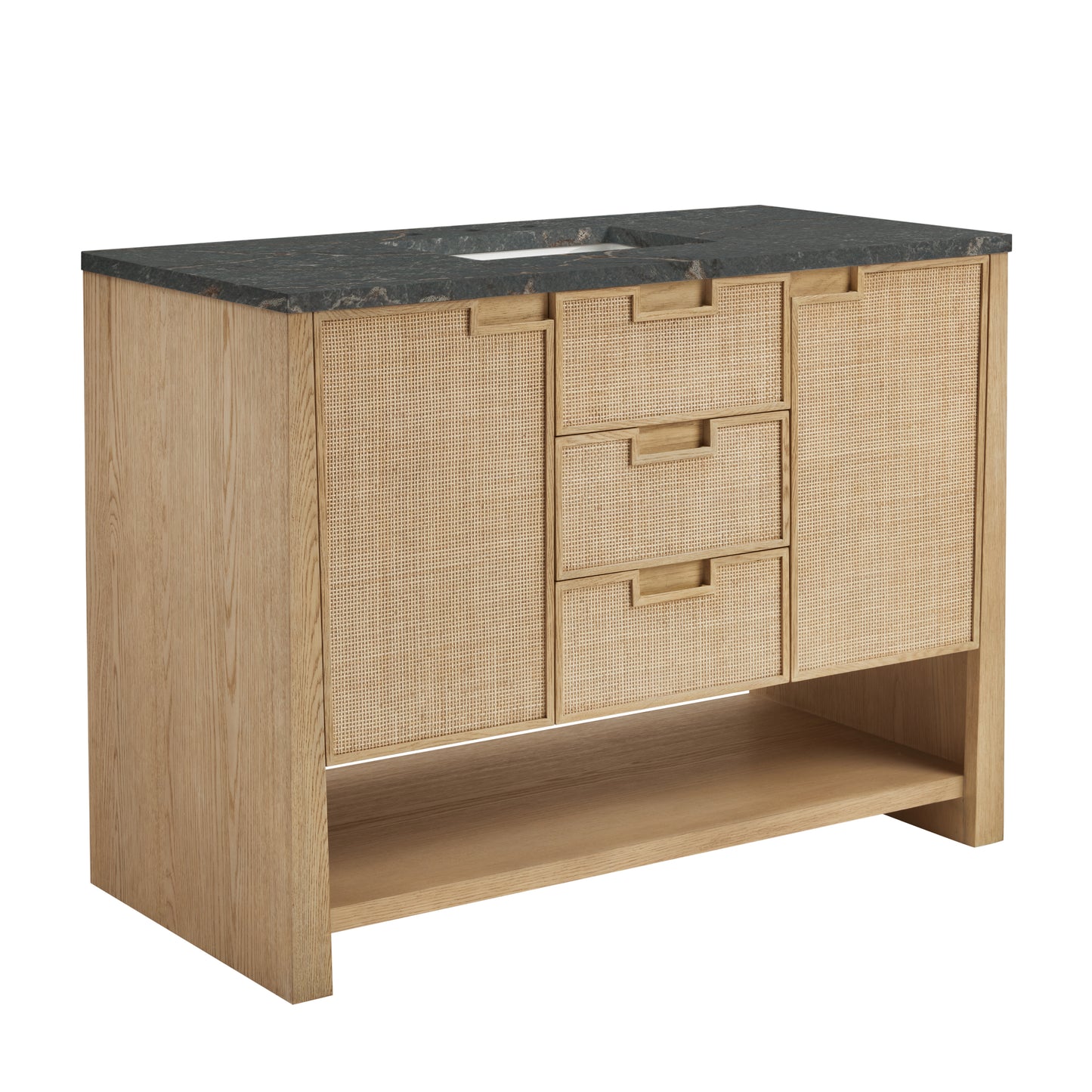 Renovate for Less Atlanta Solene 48" Single Vanity, Seaside Oak, w/ 3 CM Parisien Bleu Silestone Top w/ FreePower Wireless Charger