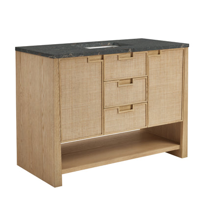 Renovate for Less Atlanta Solene 48" Single Vanity, Seaside Oak, w/ 3 CM Parisien Bleu Silestone Top w/ FreePower Wireless Charger