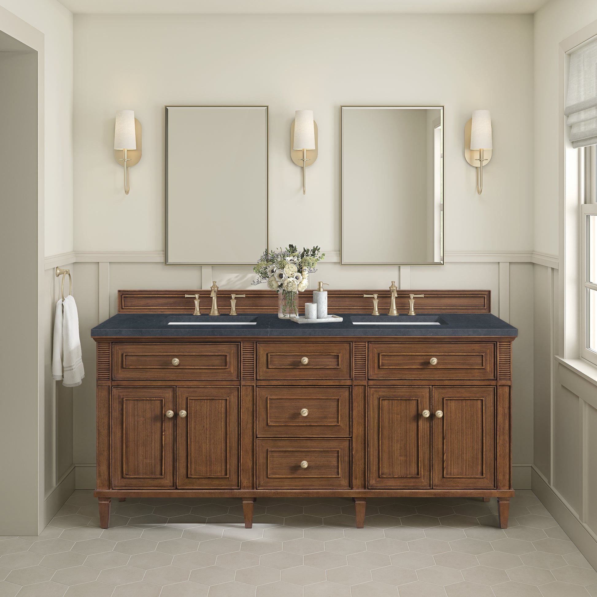 Renovate for Less Atlanta Lorelai 72"Double Vanity, Mid-Century Walnut w/ 3 CM Charcoal Soapstone Silestone Top