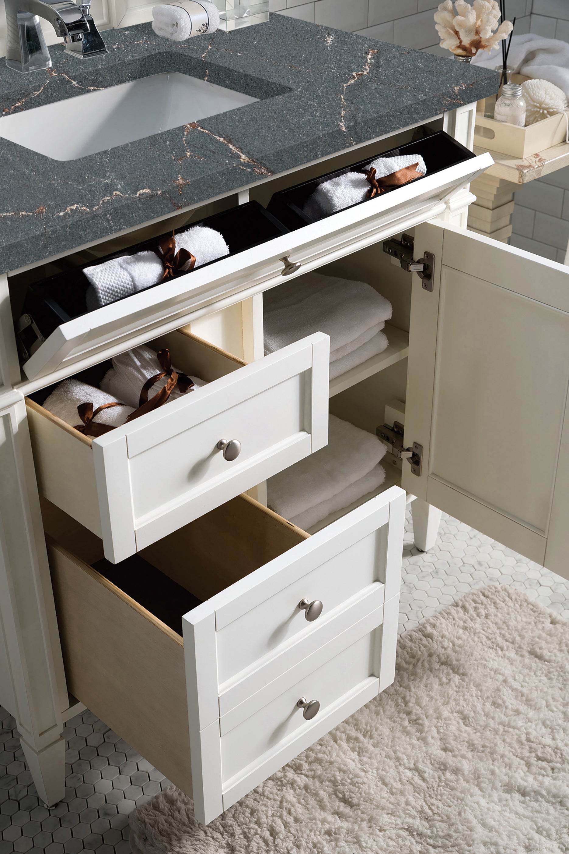 Renovate for Less Atlanta Brittany 36" Single Vanity, Bright White w/ 3 CM Parisien Bleu Silestone Top