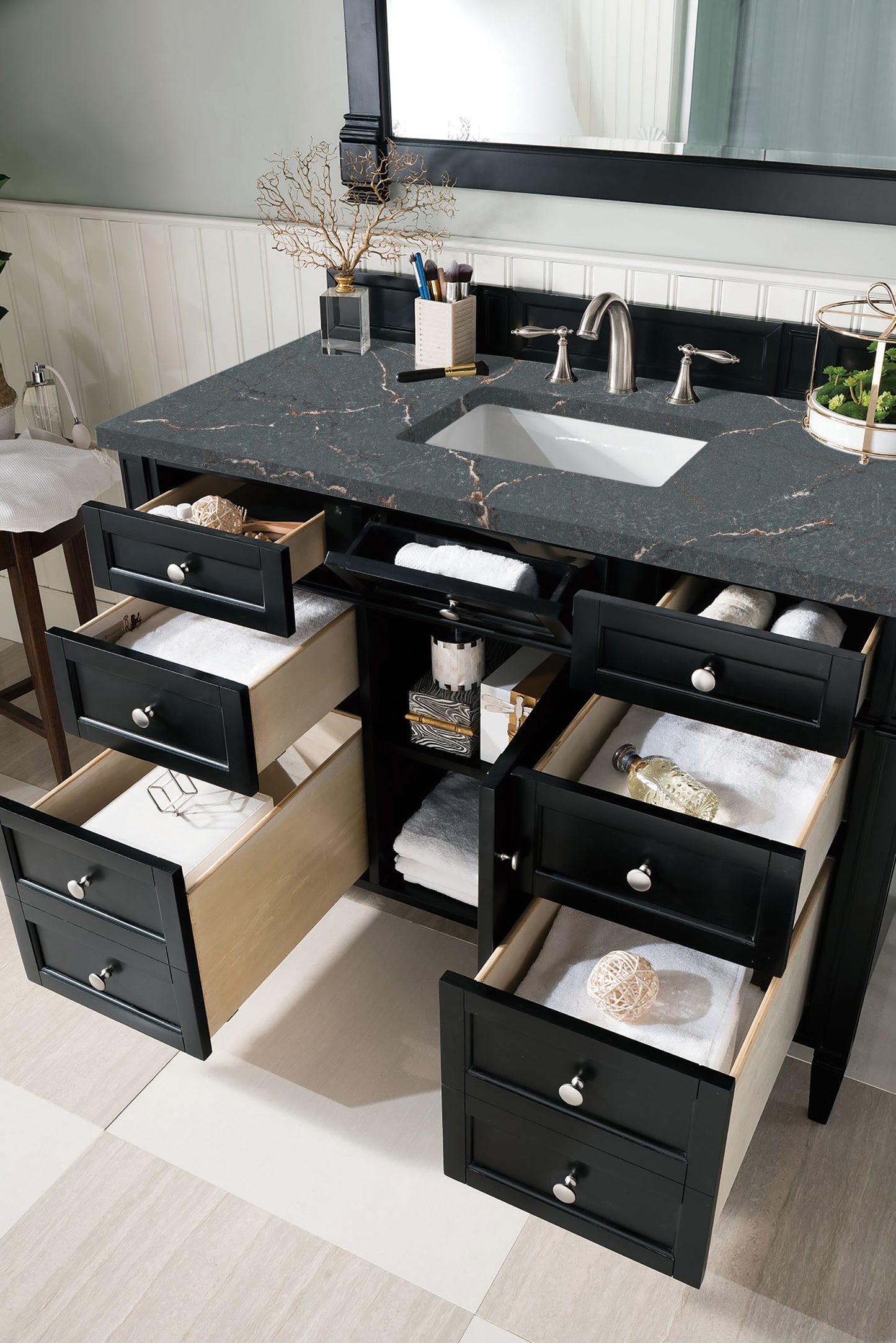 Renovate for Less Atlanta Brittany 48" Single Vanity, Black Onyx w/ 3 CM Parisien Bleu Silestone Top w/FreePower Wireless Charger