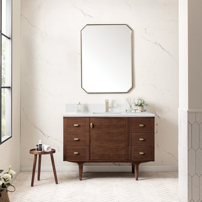 Renovate for Less Atlanta Amberly 48" Single Vanity, Mid-Century Walnut w/ Single Hole 3 CM White Zeus Top & Backsplash
