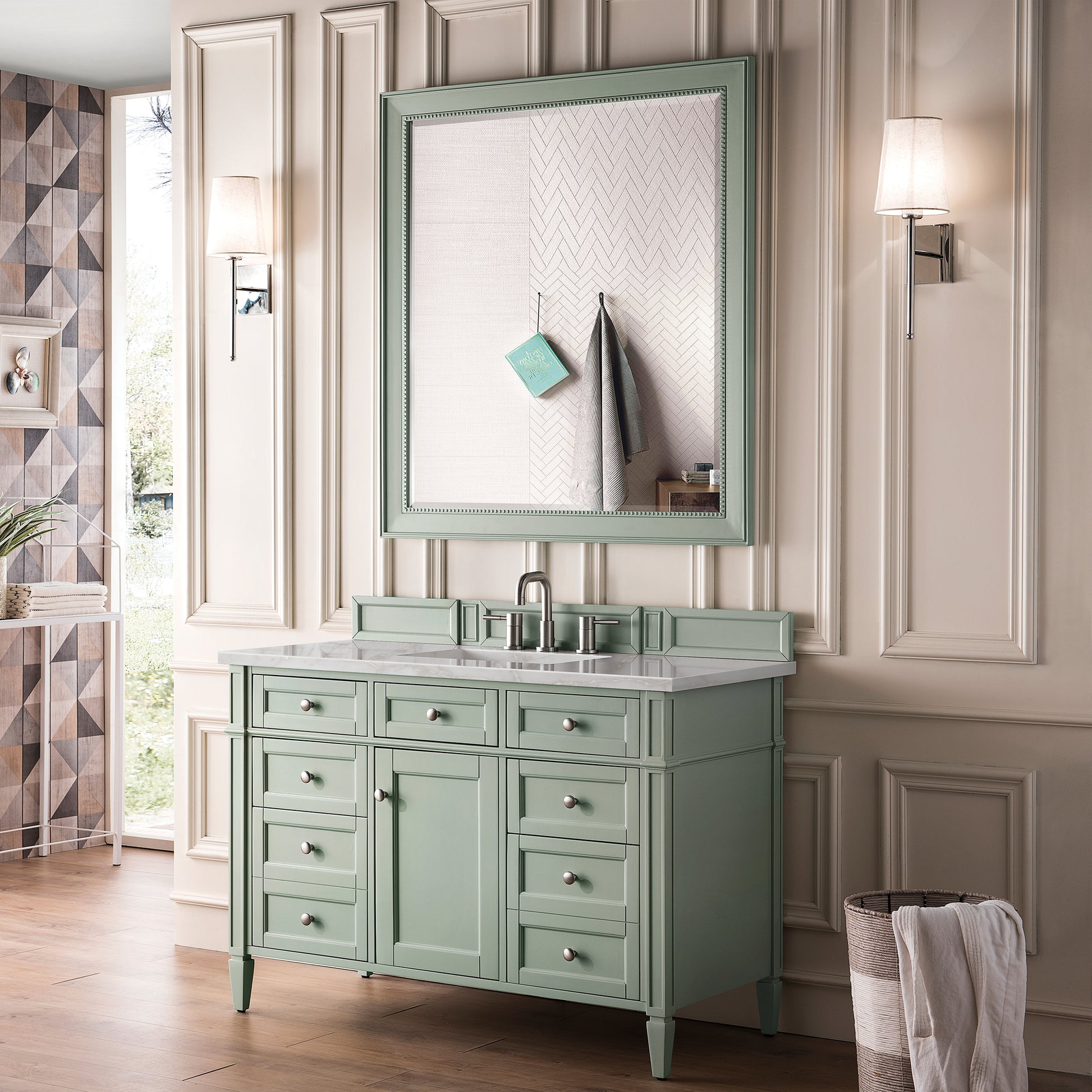 Renovate for Less Atlanta Brittany 48" Single Vanity, Sage Green w/ 3 CM Victorian Silver Silestone Top w/FreePower Wireless Charger