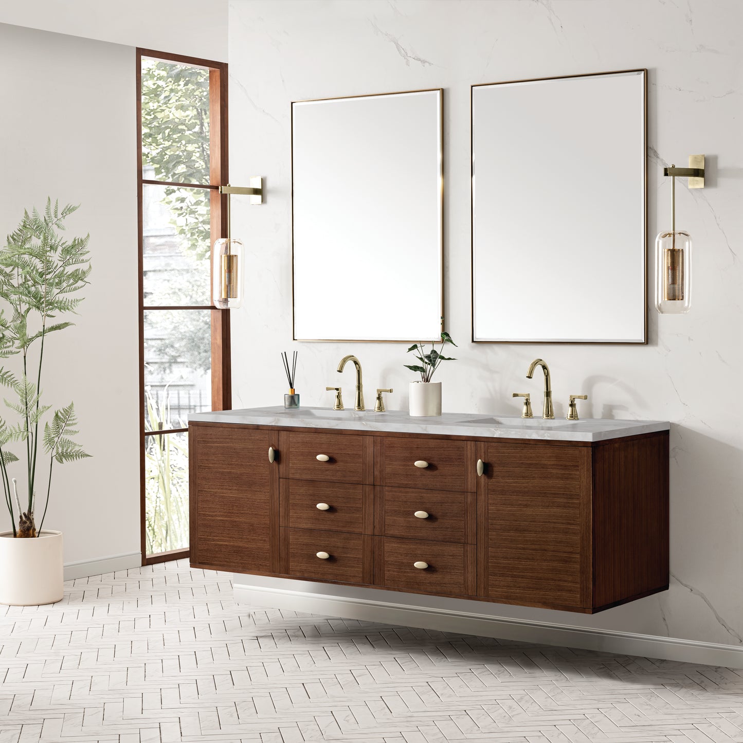 Renovate for Less Atlanta Amberly 72" Double Vanity, Mid-Century Walnut w/ 3 CM Victorian Silver Top w/FreePower Wireless Charger