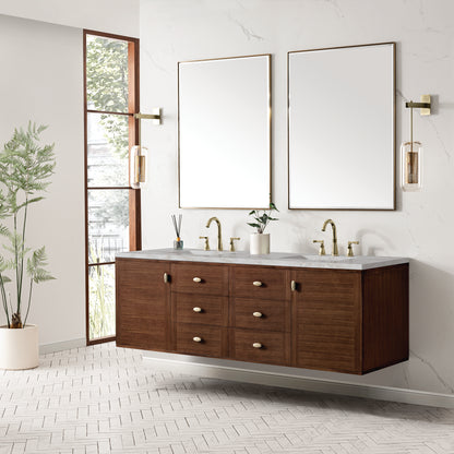 Renovate for Less Atlanta Amberly 72" Double Vanity, Mid-Century Walnut w/ 3 CM Victorian Silver Top w/FreePower Wireless Charger
