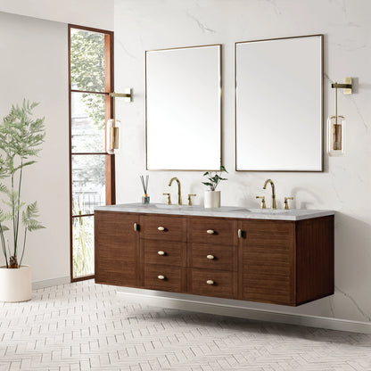 Amberly 72" Double Vanity, Mid-Century Walnut w/ 3 CM Victorian Silver Top
