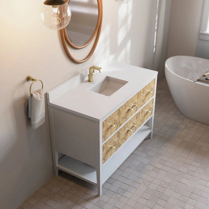 Olena 48" Single Vanity, Light Mappa Burl and Polished White w/ Single Hole 3 CM White Zeus Silestone Top & Backsplash