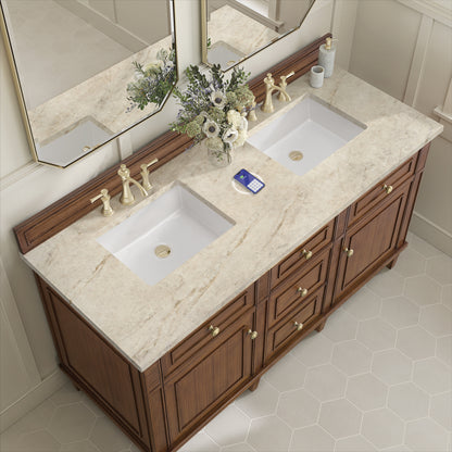Renovate for Less Atlanta Lorelai 60" Double Vanity, Mid-Century Walnut, w/ 3 CM Tajnar Eclos Top w/FreePower Wireless Charger