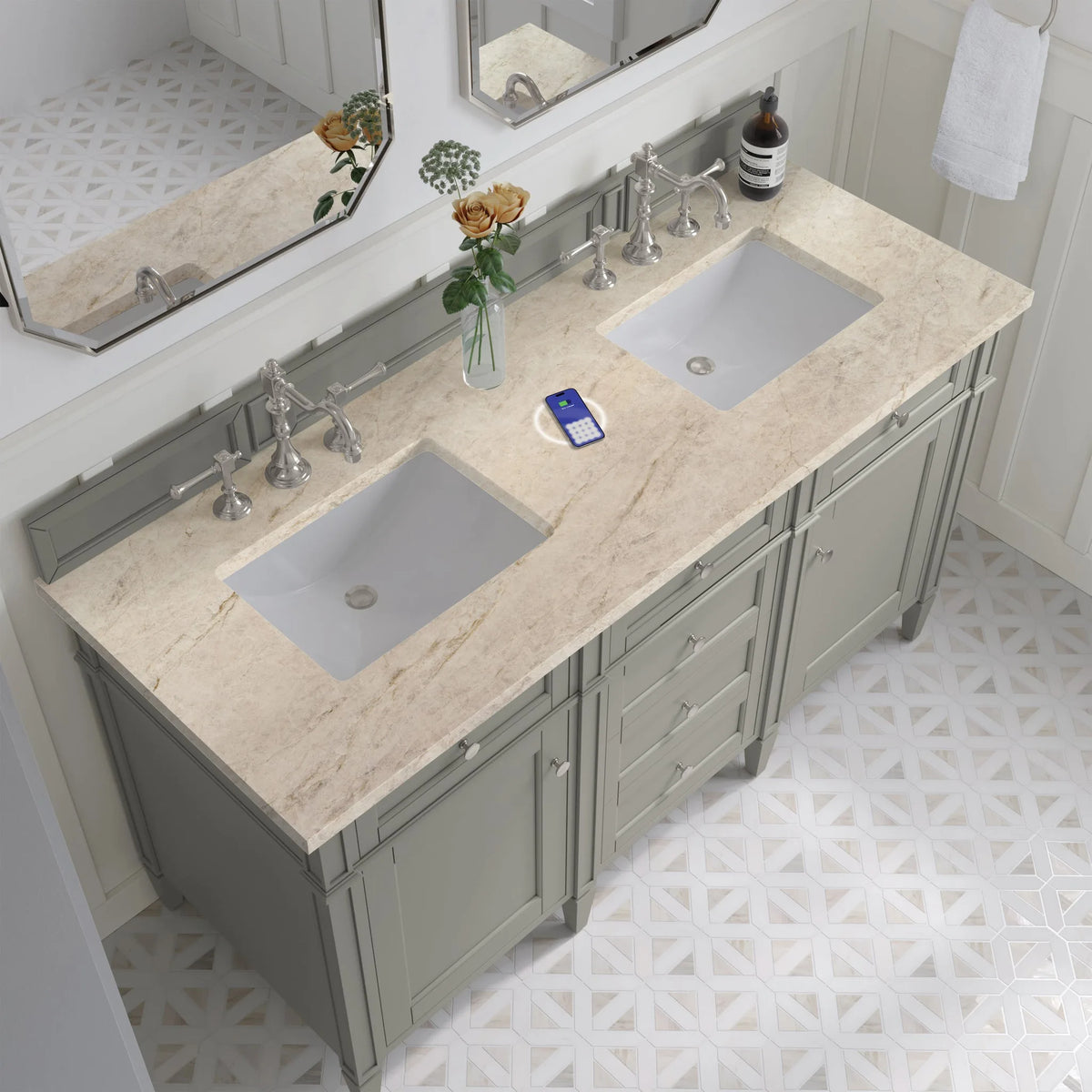 Brittany 60" Double Vanity, Urban Gray, w/ 3 CM Tajnar Eclos Top w/FreePower Wireless Charger
