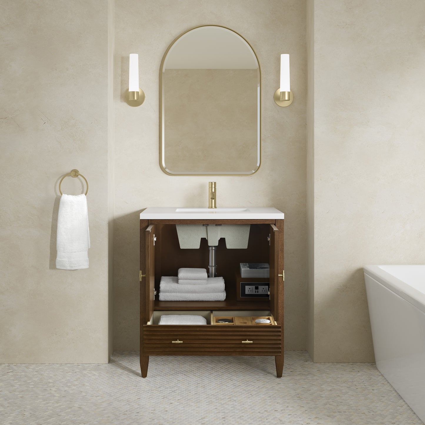 Renovate for Less Atlanta Myrrin 30" Single Vanity, Mid-Century Walnut w/ Single Hole 3 CM White Zeus Silestone Top and Matching Backsplash