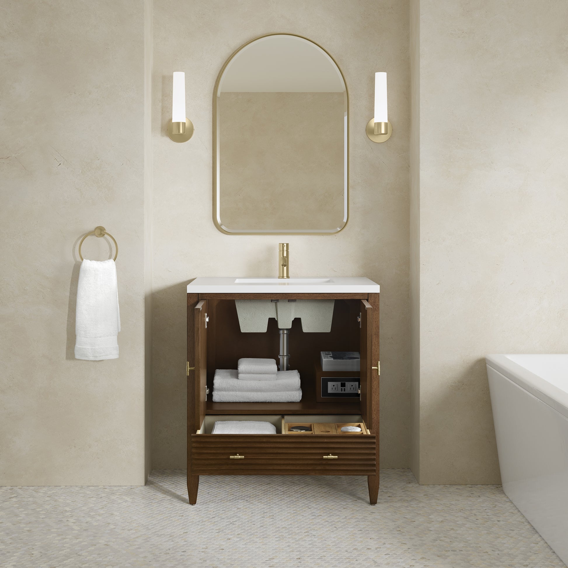 Renovate for Less Atlanta Myrrin 30" Single Vanity, Mid-Century Walnut w/ Single Hole 3 CM White Zeus Silestone Top and Matching Backsplash