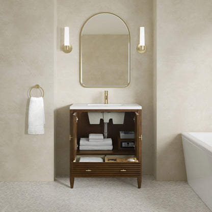Myrrin 30" Single Vanity, Mid-Century Walnut w/ Single Hole 3 CM White Zeus Silestone Top and Matching Backsplash