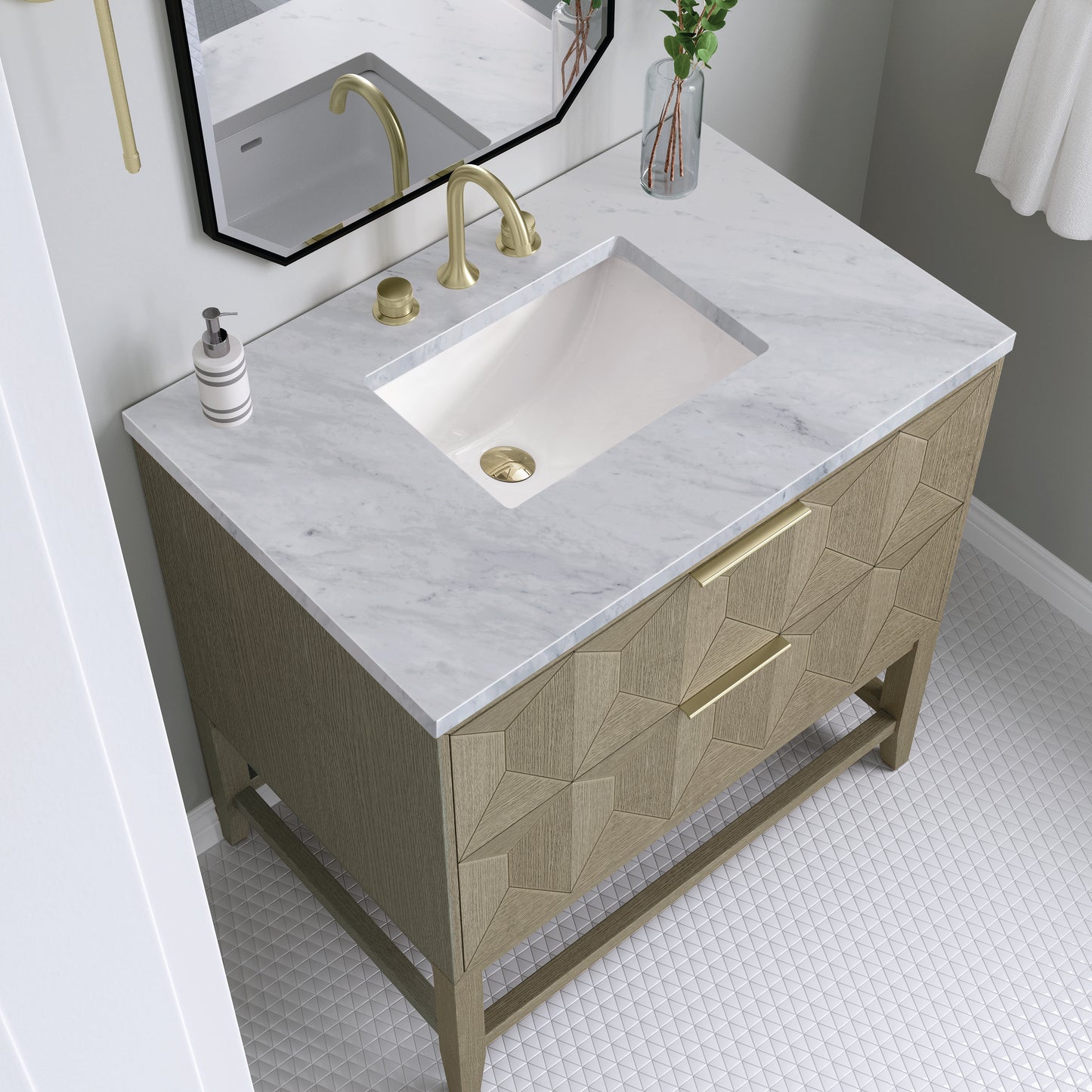 Renovate for Less Atlanta Emmeline 36" Single Vanity, Pebble Oak w/ 3 CM Carrara Marble Top