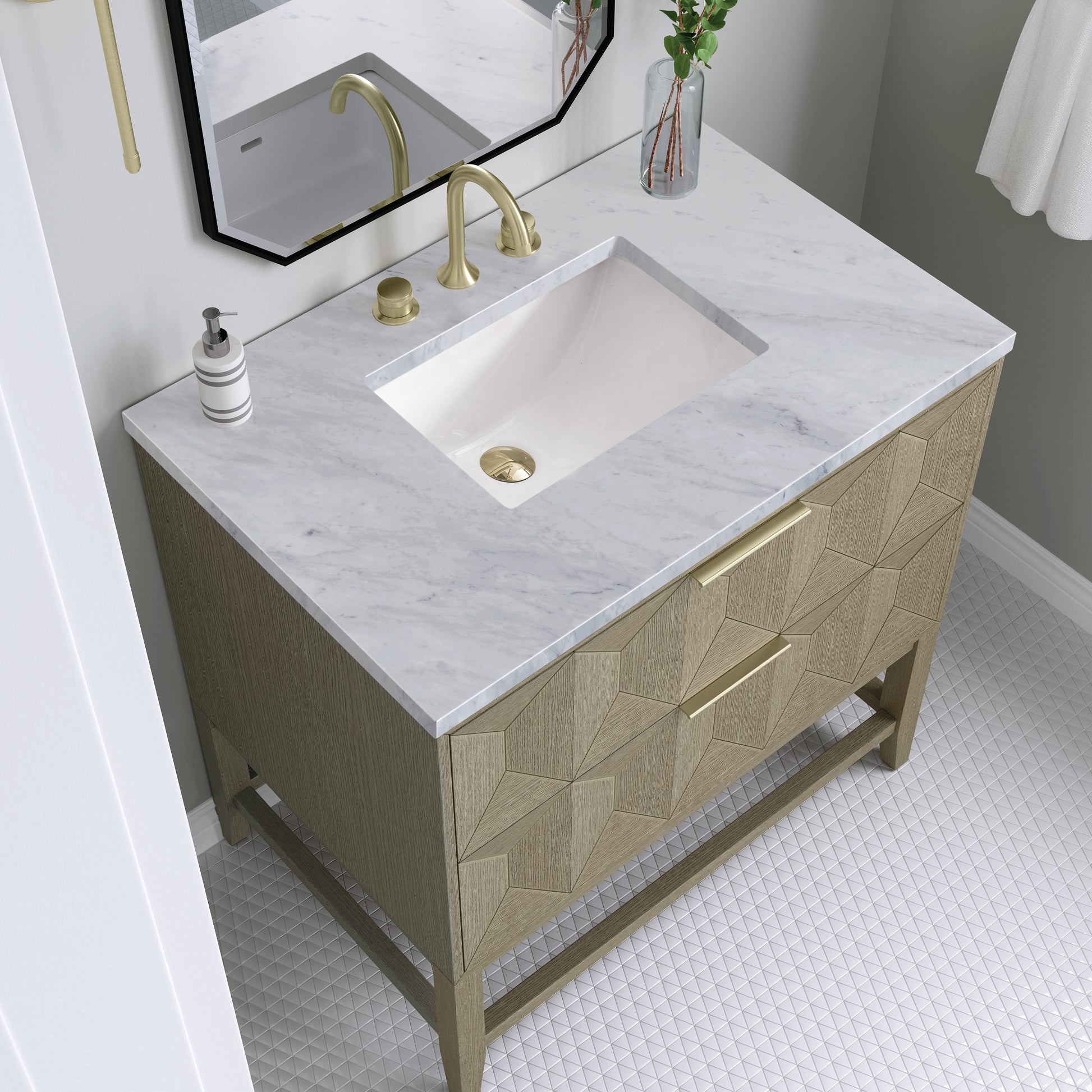 Renovate for Less Atlanta Emmeline 36" Single Vanity, Pebble Oak w/ 3 CM Carrara Marble Top