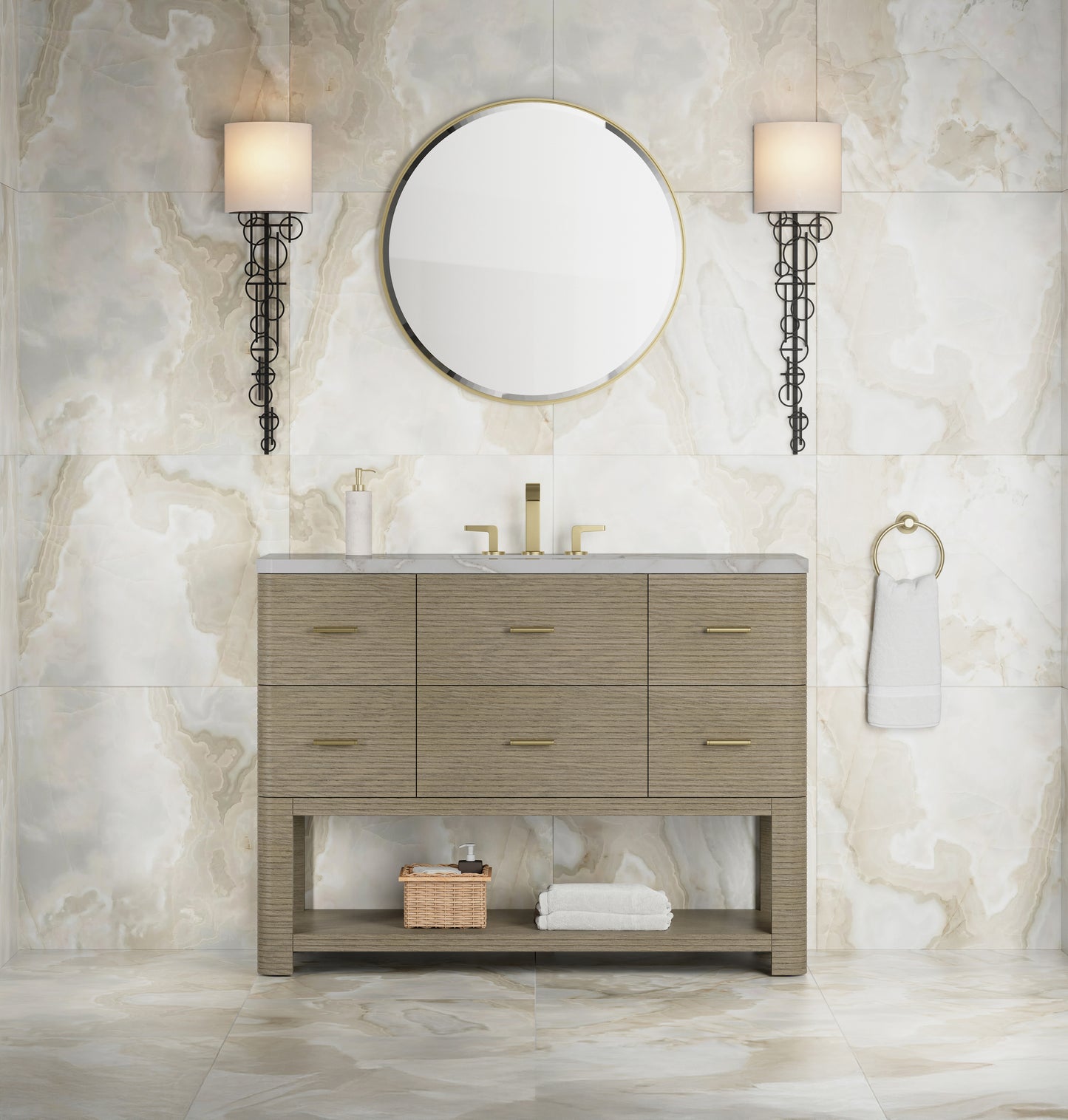 Renovate for Less Atlanta Lucian 48" Single Vanity, Pebble Oak w/ 3 CM Victorian Silver Silestone Top w/ FreePower Wireless Charger