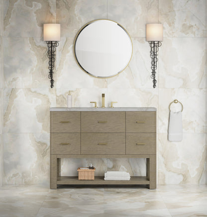 Renovate for Less Atlanta Lucian 48" Single Vanity, Pebble Oak w/ 3 CM Victorian Silver Silestone Top w/ FreePower Wireless Charger